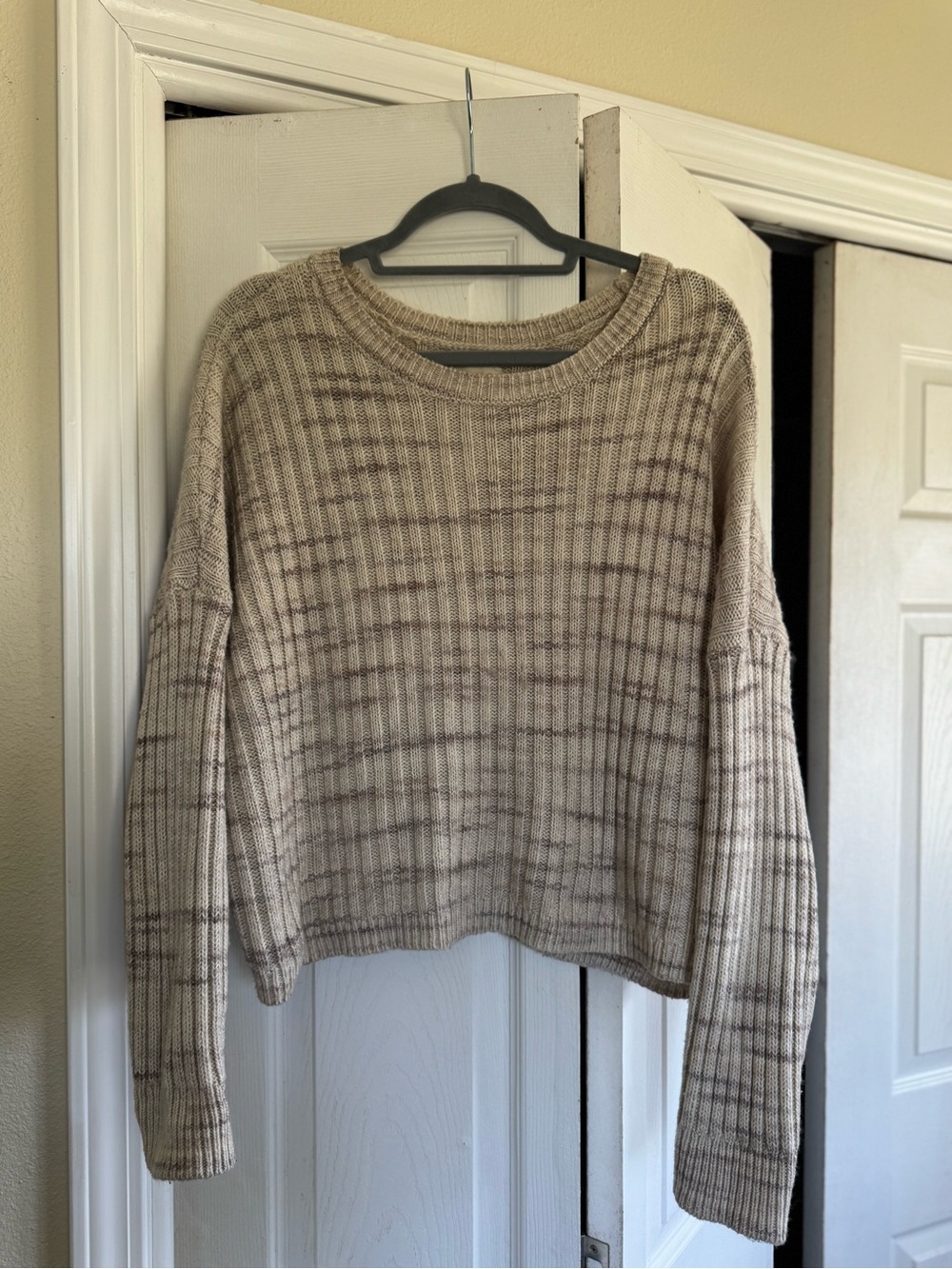 Lucky Brand Women's Beige Ribbed Crewneck Sweater with Subtle Stripe